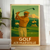 Vintage illustration of a golf course in Aix-Marseille with green hills and blue sky