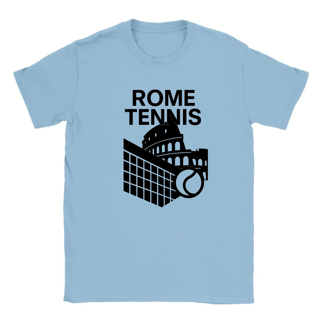 T-shirt featuring a graphic design of tennis elements with Rome landmarks