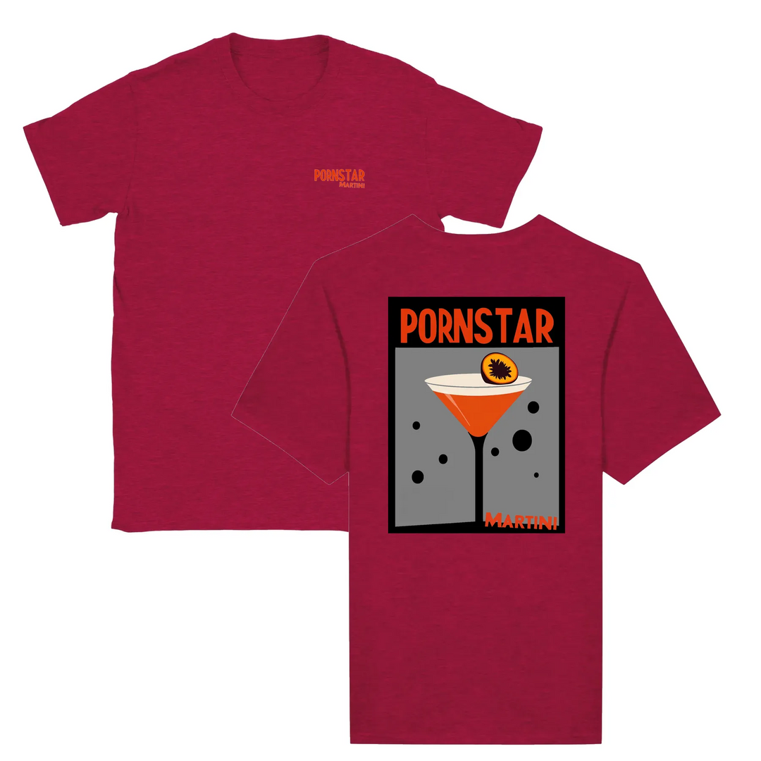 T-shirt featuring a graphic of a Pornstar Martini cocktail