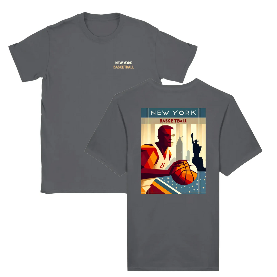 T-shirt featuring a graphic of a basketball and New York skyline