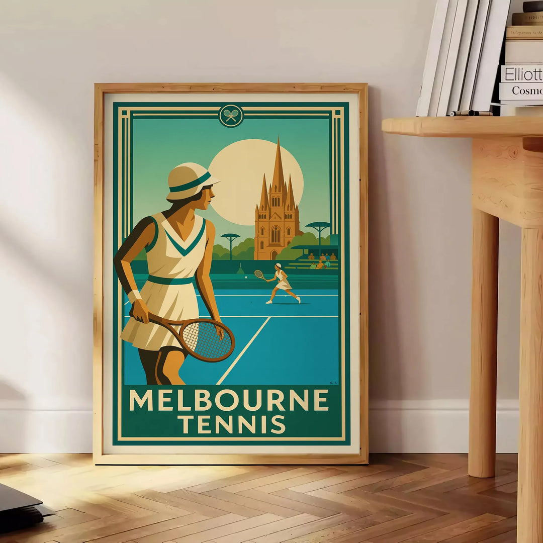 Melbourne tennis poster in brown and green, minimalist sport artwork