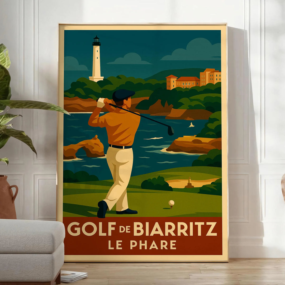 Minimalist poster of a Golf Biarritz scene in yellow and gray