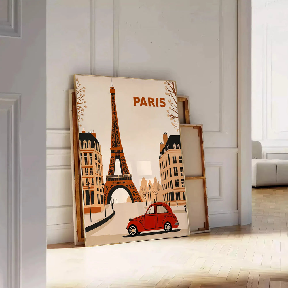 Orange and red 2CV Citroën art poster, retro Paris street scene