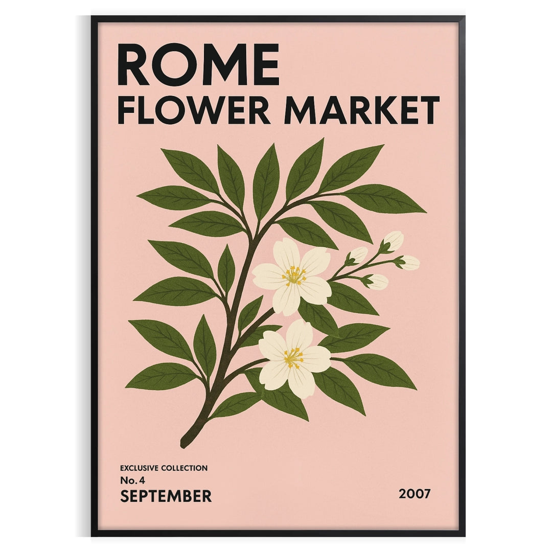 Vintage botanical illustration of flowers from Rome's market with green and gray hues