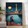 Nighttime view of Paris skyline with illuminated buildings and dark sky