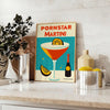 Pop-art style illustration of a Pornstar Martini cocktail in blue and red