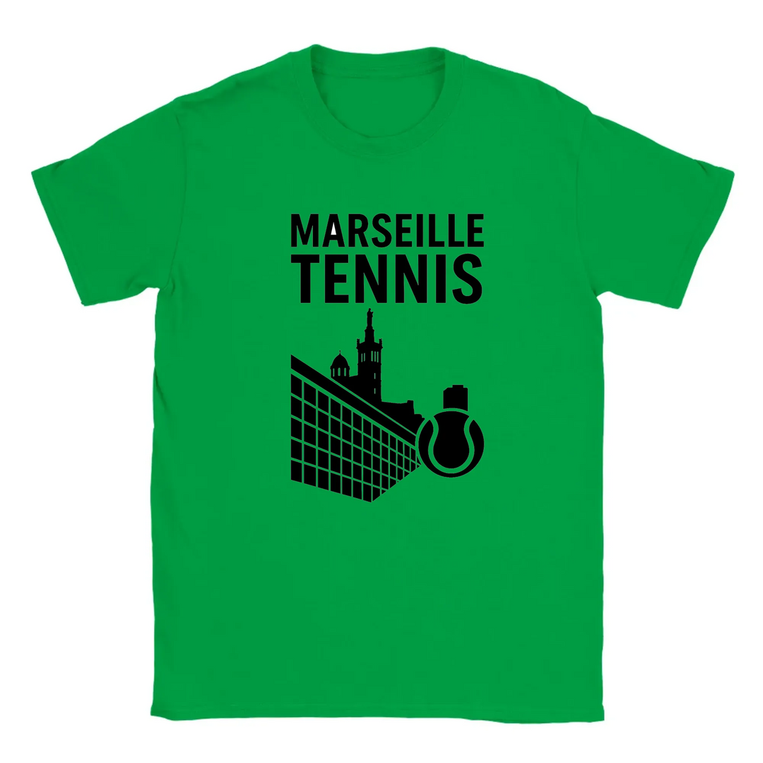 T-shirt featuring a graphic of tennis players in action with Marseille text