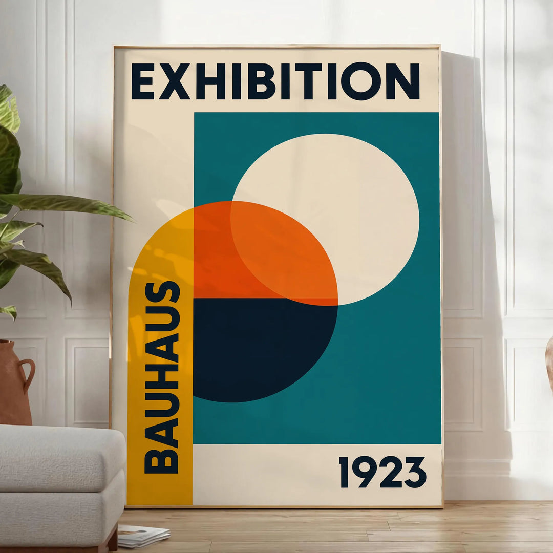 Bauhaus exhibition poster featuring geometric abstract design in blue and green