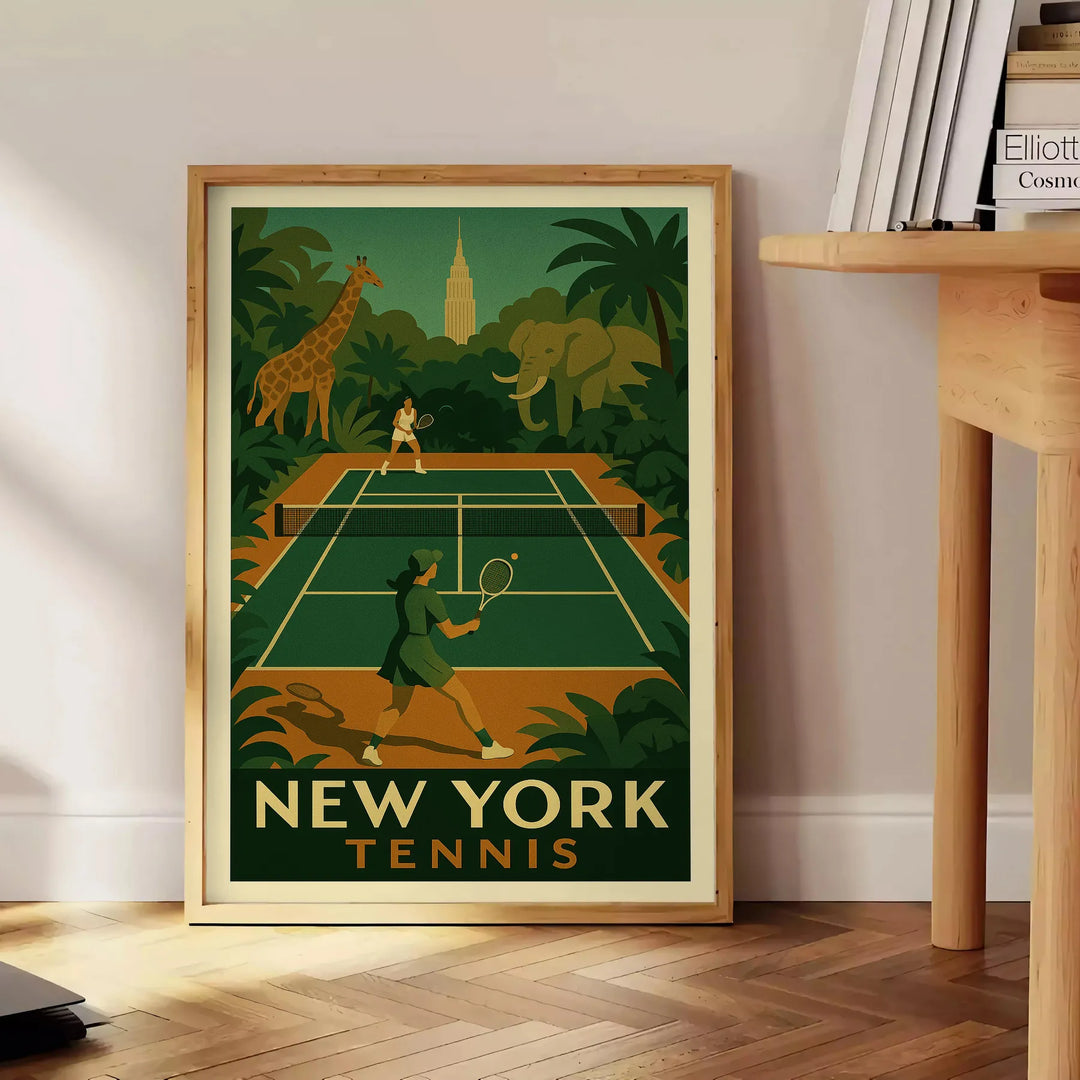 Representación estilizada de una jungla en Nueva York con una raqueta de tenis, tonos tierra