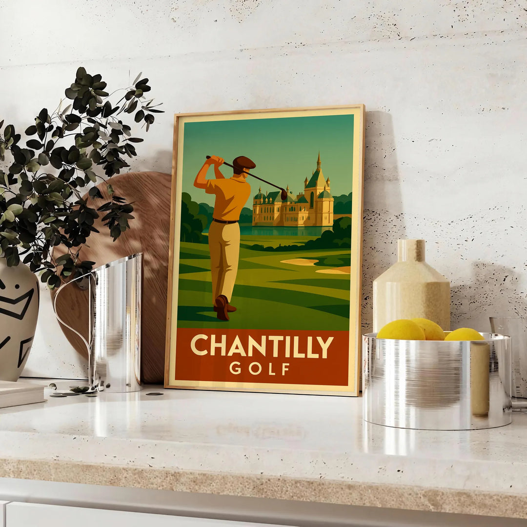 Vintage Chantilly golf poster with green and orange travel-style illustration
