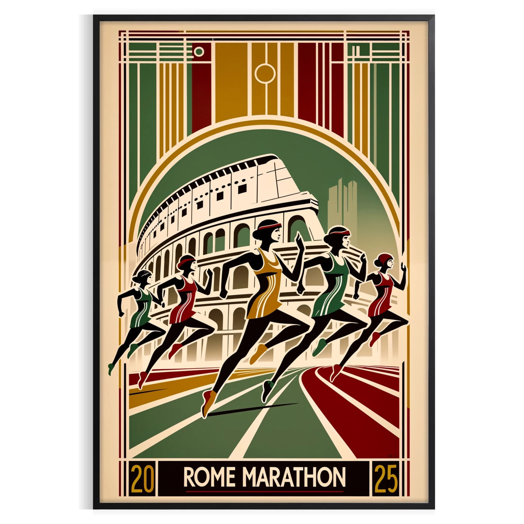 Rome Marathon poster with stylized runners, brown and green minimalist graphic