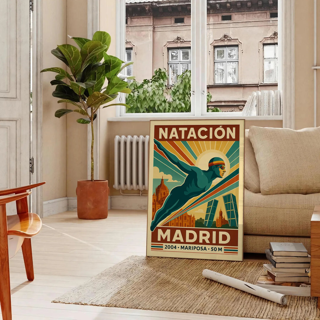 Brown and red stylized Madrid swimming poster with vintage illustration