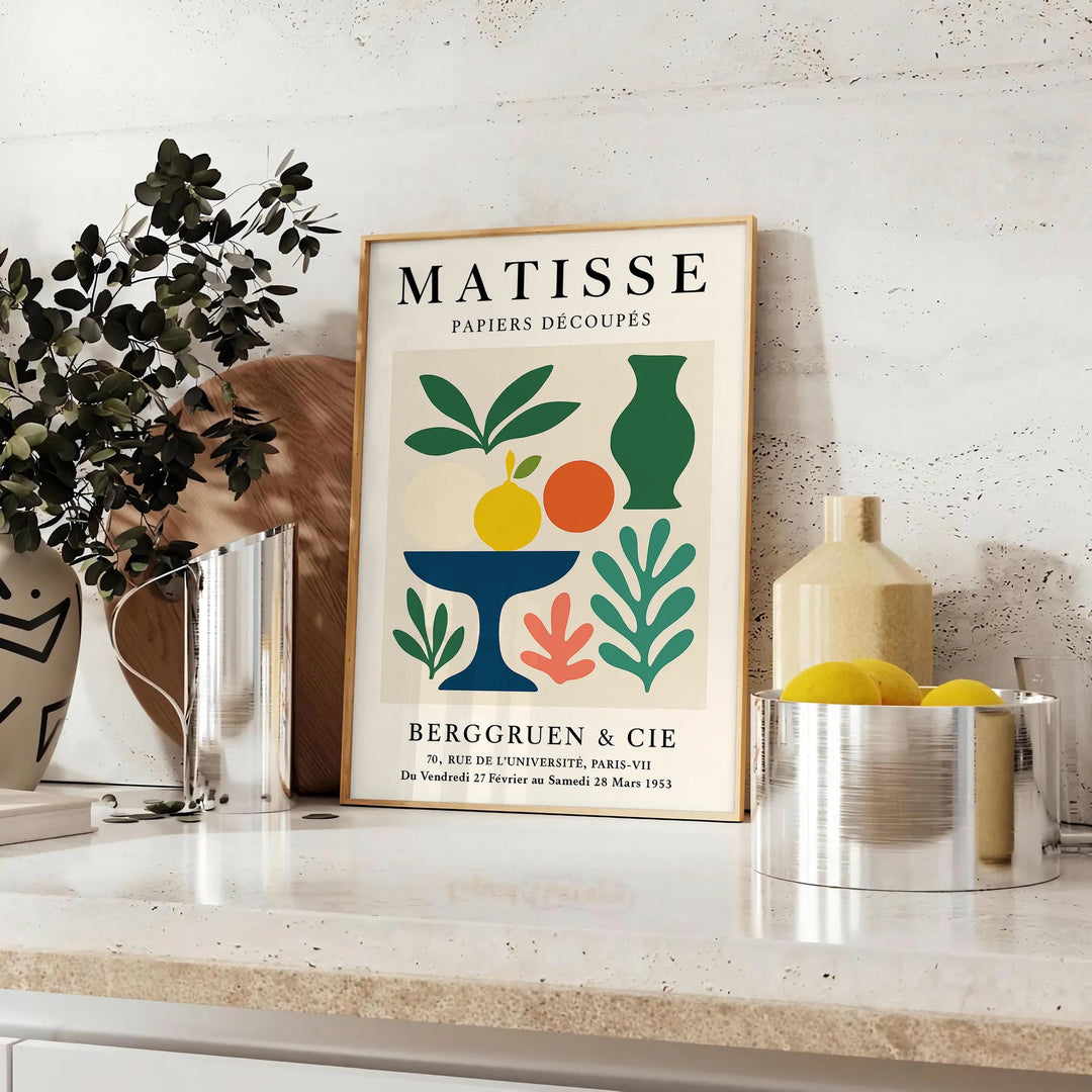 Plakat mit Matisse Scherenschnitt-Kunst in Weiß und Orange