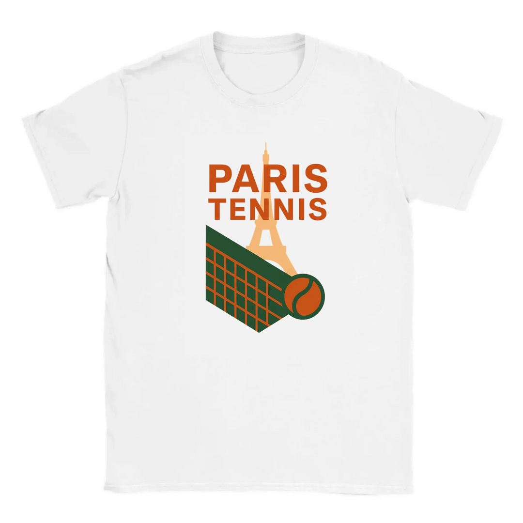 T-shirt featuring a graphic of the Eiffel Tower and a tennis racquet
