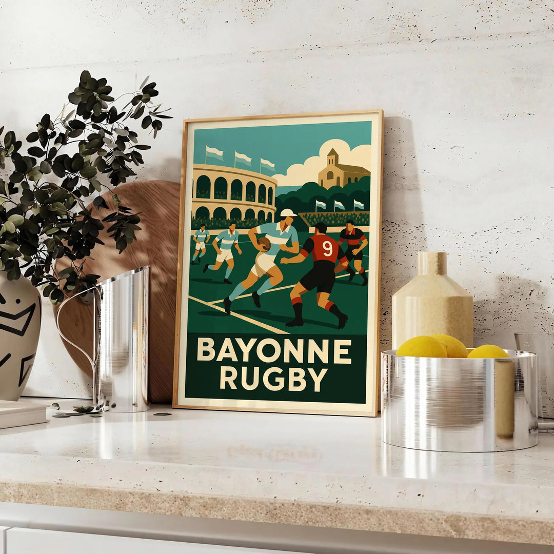 Bayonne rugby team action illustration in vintage Art Deco poster