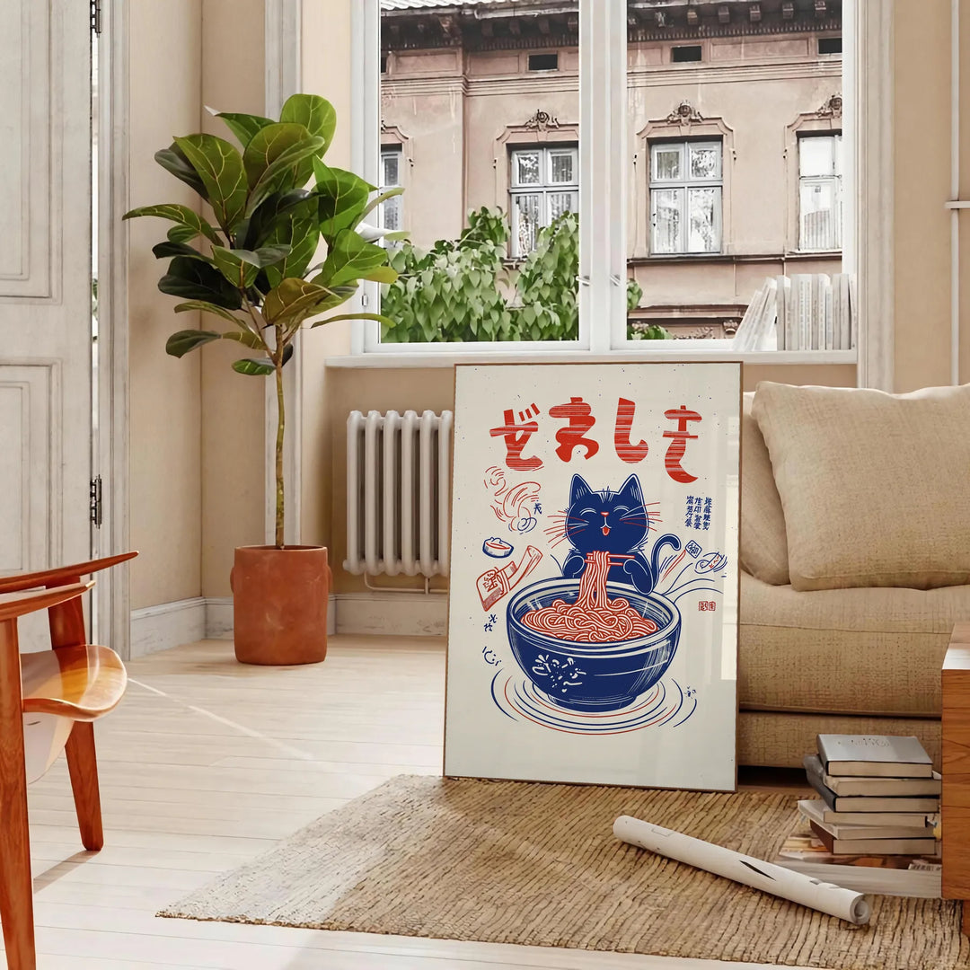Blue and red Maneki Neko kitchen illustration poster, playful Japanese charm