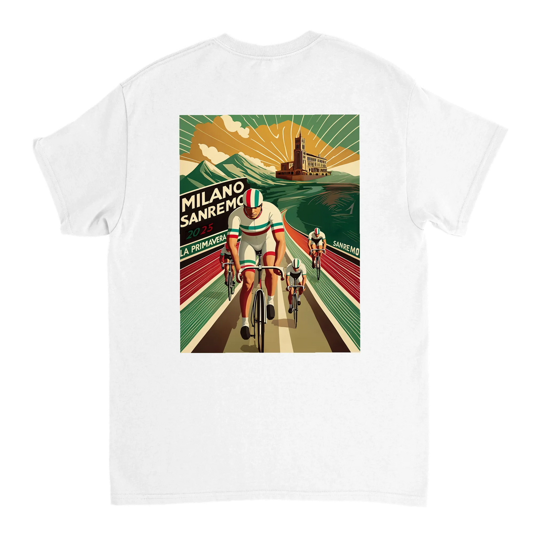 T-shirt featuring a graphic of the Milano–Sanremo cycling race