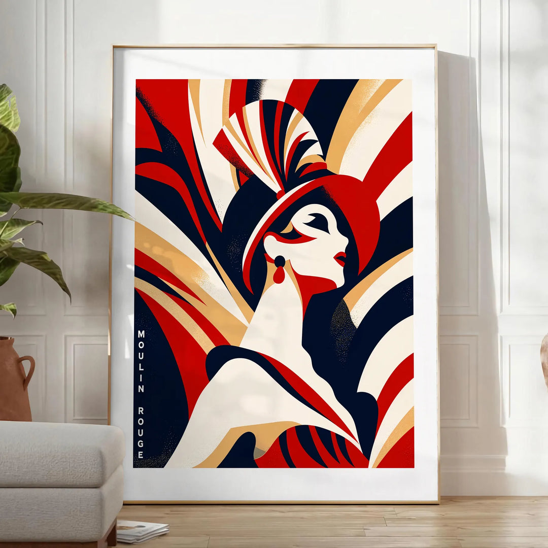 Vintage poster featuring a woman in a red dress at the Moulin Rouge
