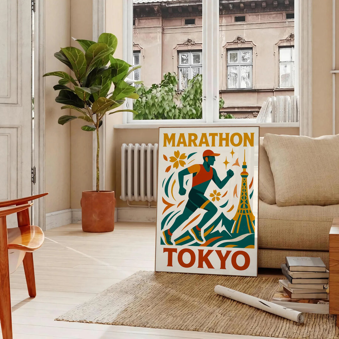 Gray and blue Tokyo marathon poster, minimalist running silhouette design