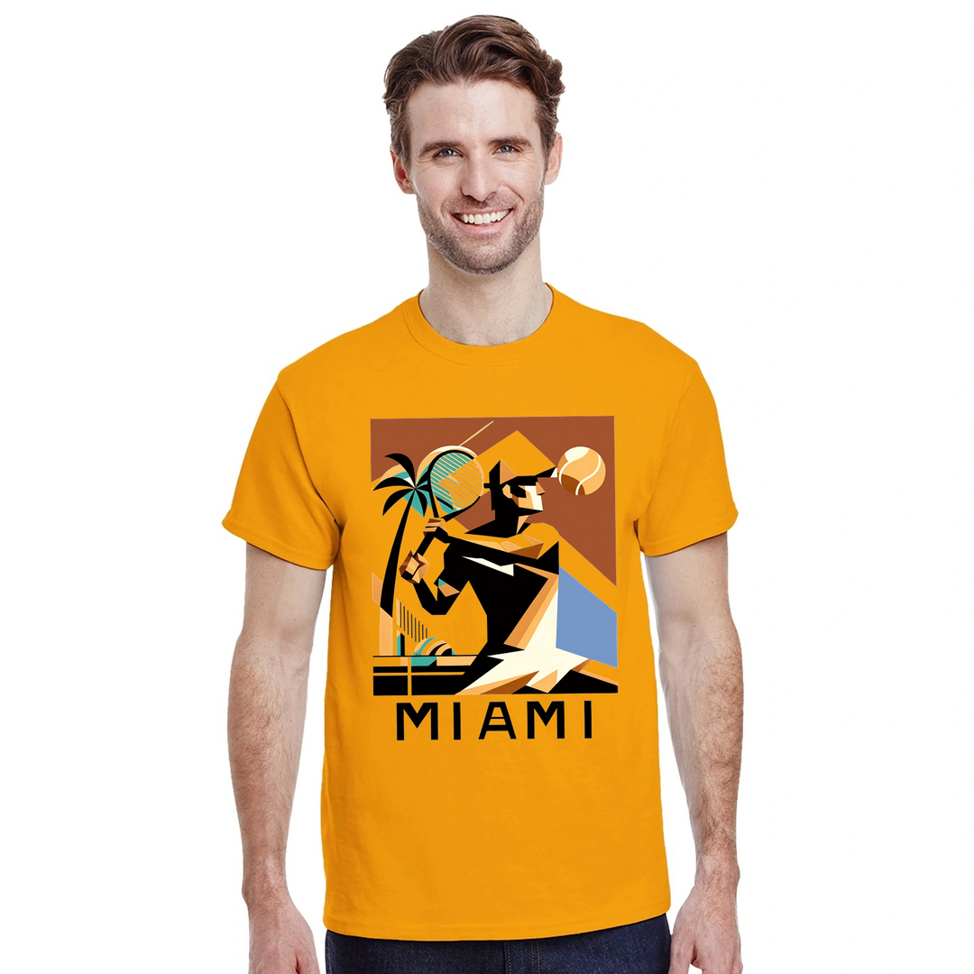 T-shirt featuring a tennis player in action against a Miami skyline