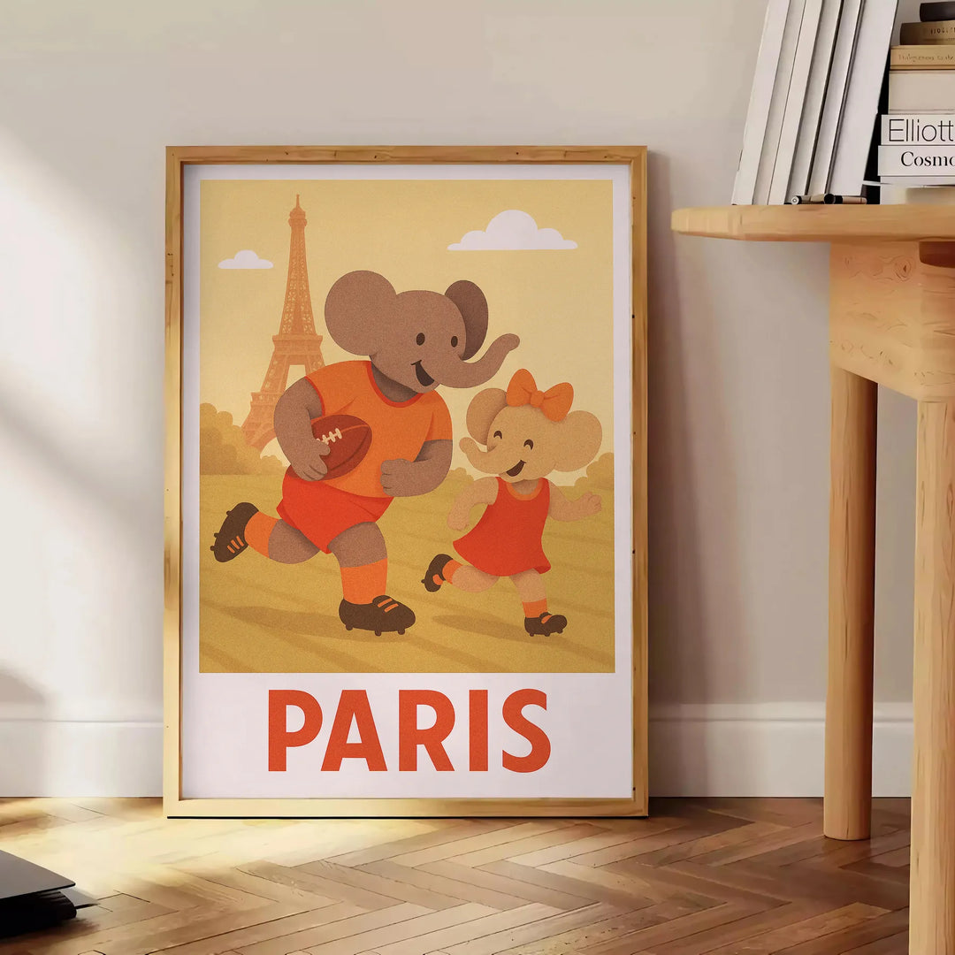 A playful elephant child playing rugby in an Art Deco style with soft vintage colors