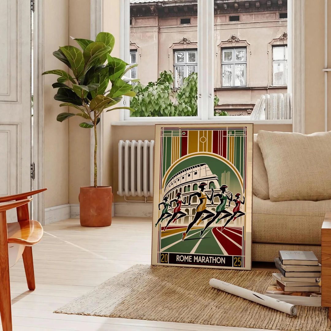 Poster Rome Marathon mit stilisierten Läufern, minimalistische Grafik in Braun und Grün