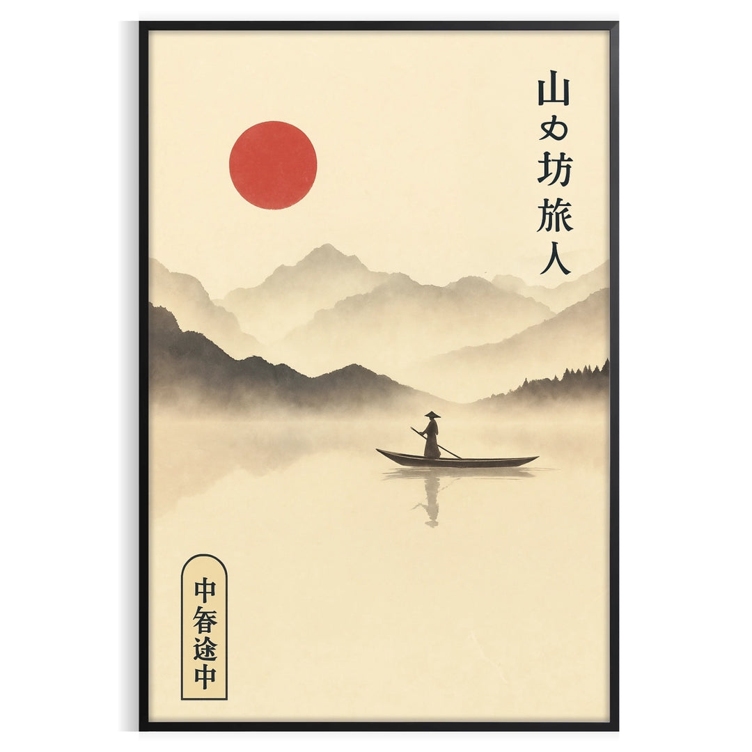 Minimalist artwork featuring a Japanese sun above a mountain and a boat in gray and orange