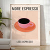 Black and orange typographic kitchen poster reading 'More Espresso Less Depresso'