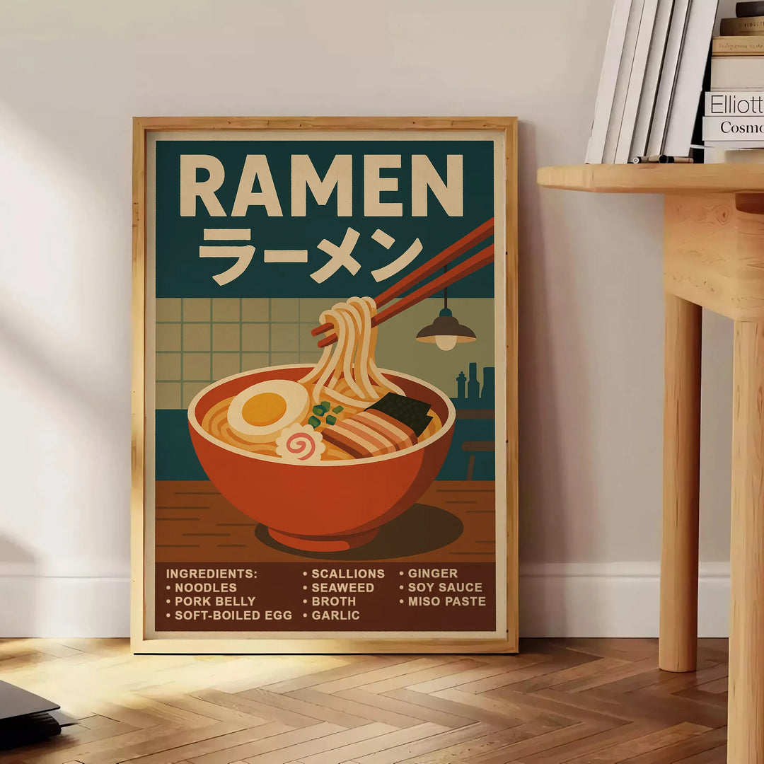 Illustrated Japanese ramen kitchen poster in earthy green and brown tones