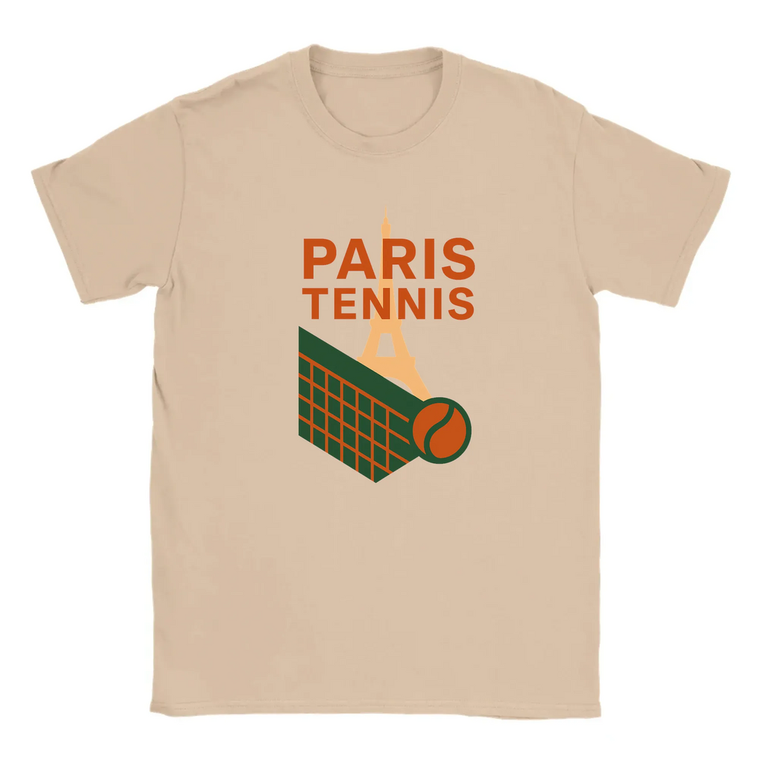T-shirt featuring a graphic of the Eiffel Tower and a tennis racquet