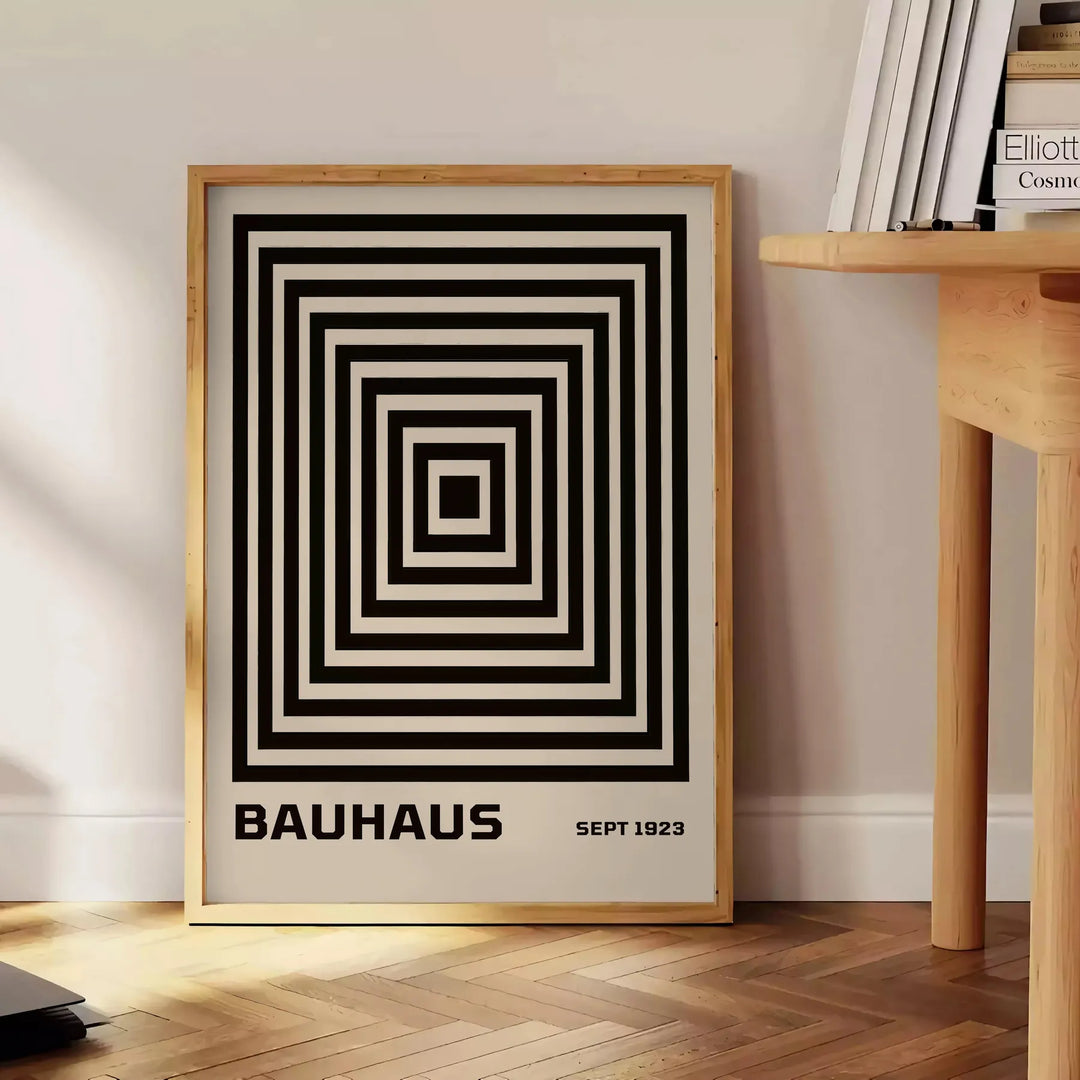 Bauhaus pyramid poster in brown, gray, and green geometric design
