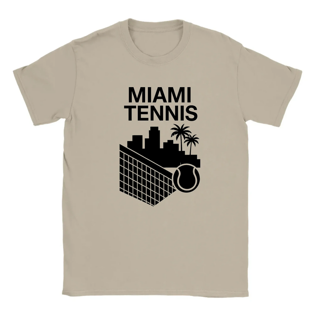 T-shirt featuring a graphic of a tennis player in action against a Miami skyline