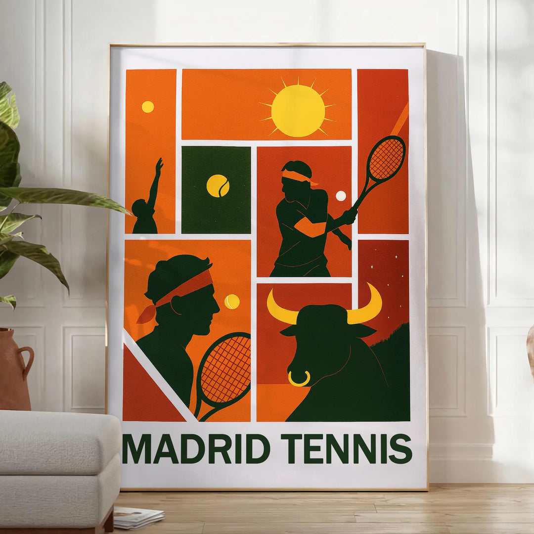 Cartel de Rafa en Madrid, obra dinámica negra y verde tenis