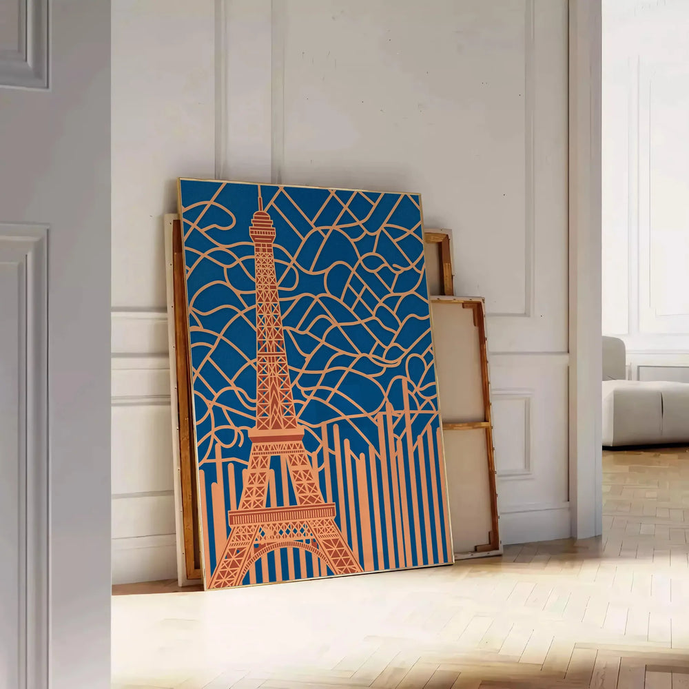Art Deco Paris poster with stylized cityscape in orange and gray