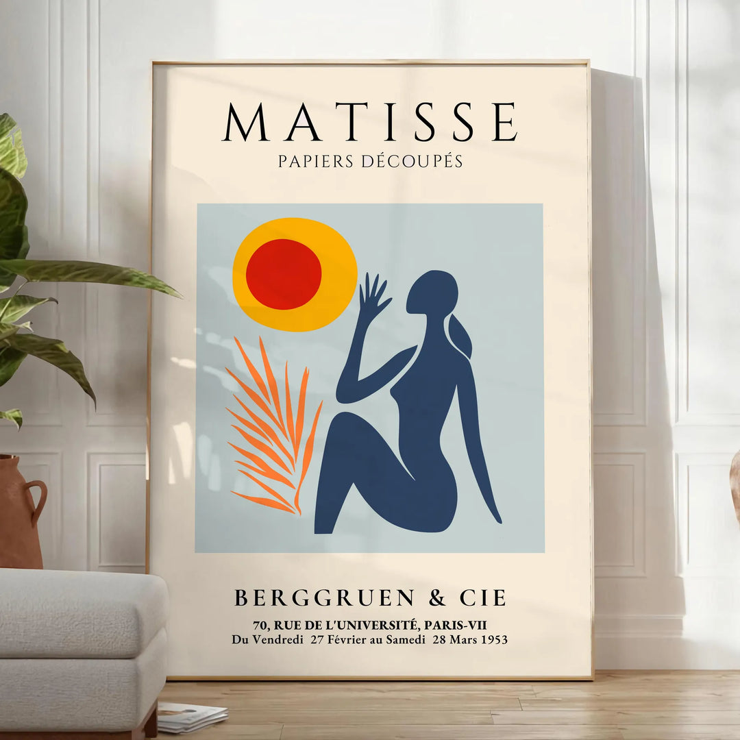 Poster of Matisse woman papiers découpés artwork in white and orange.
