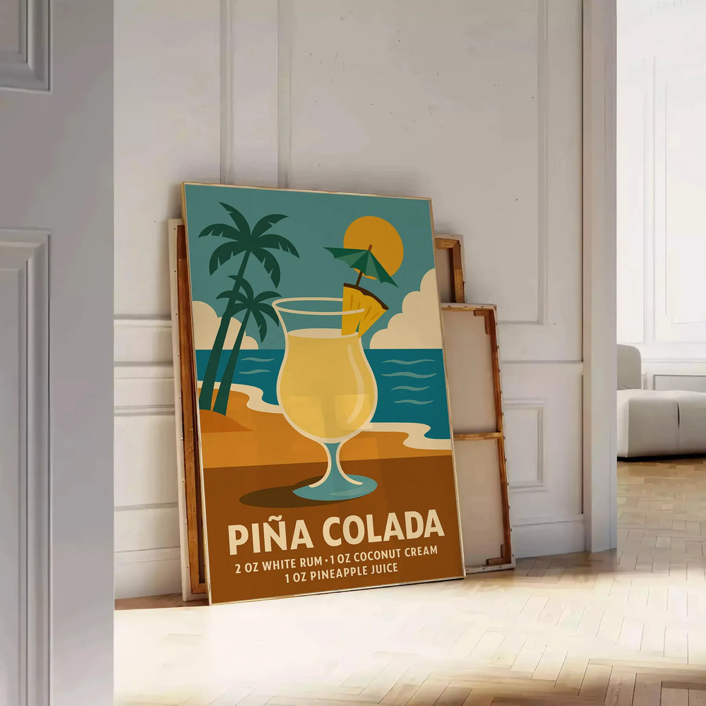 Pina Colada cocktail poster with gray and orange minimalist tropical illustration