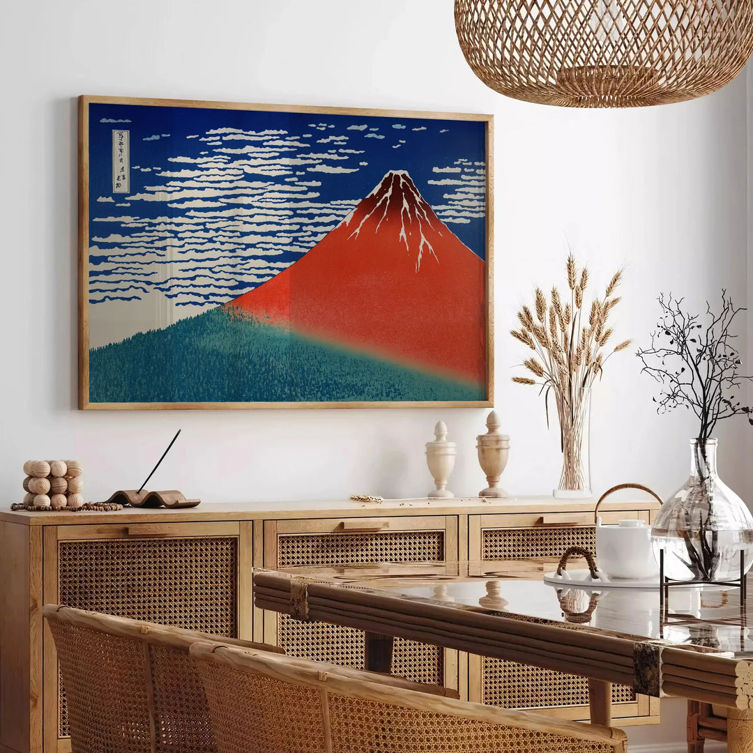 Traditional ukiyo-e style depiction of Mount Fuji in green and red