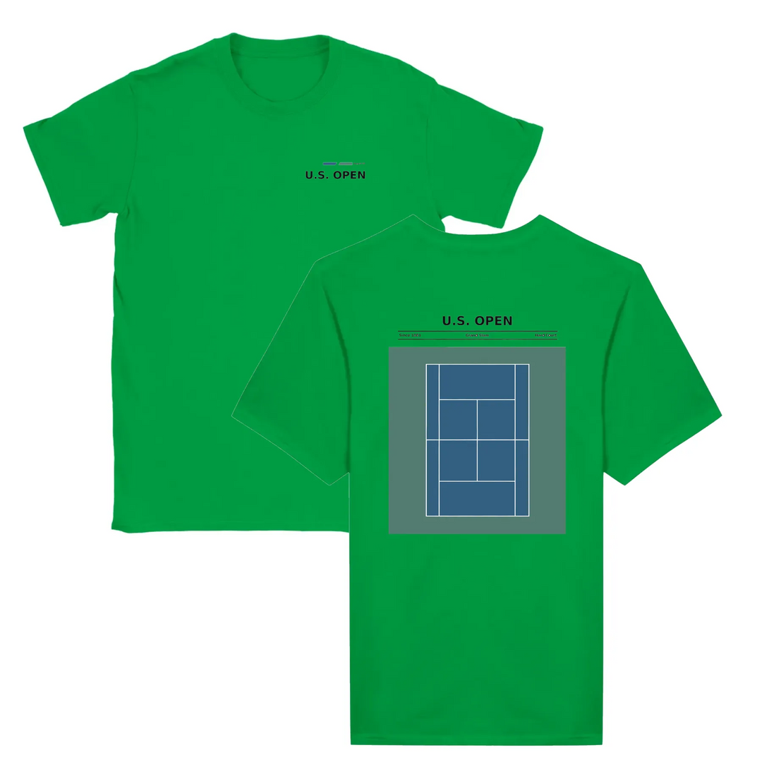 T-shirt featuring a graphic of a tennis player serving at the US Open