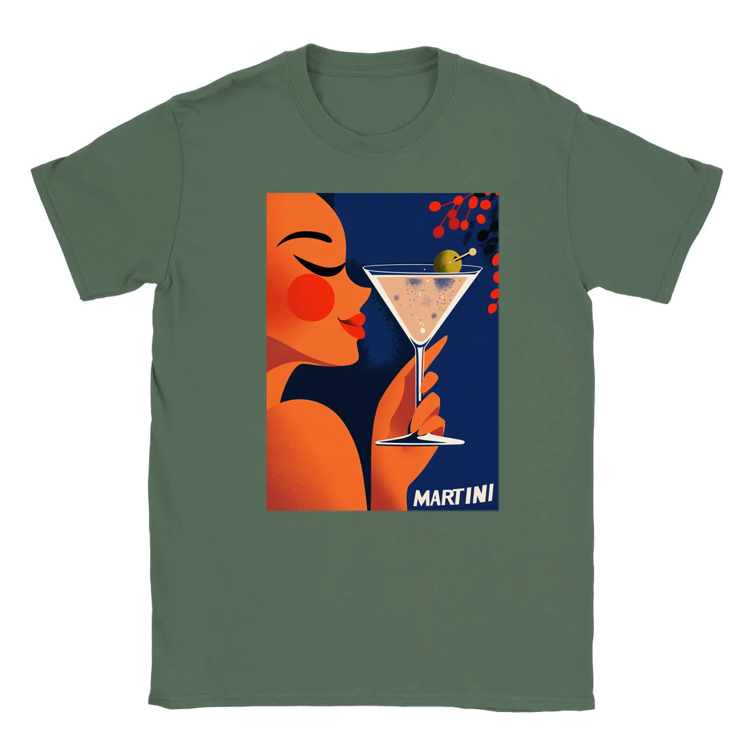 カクテルを楽しむ女性のグラフィックがプリントされたTシャツ