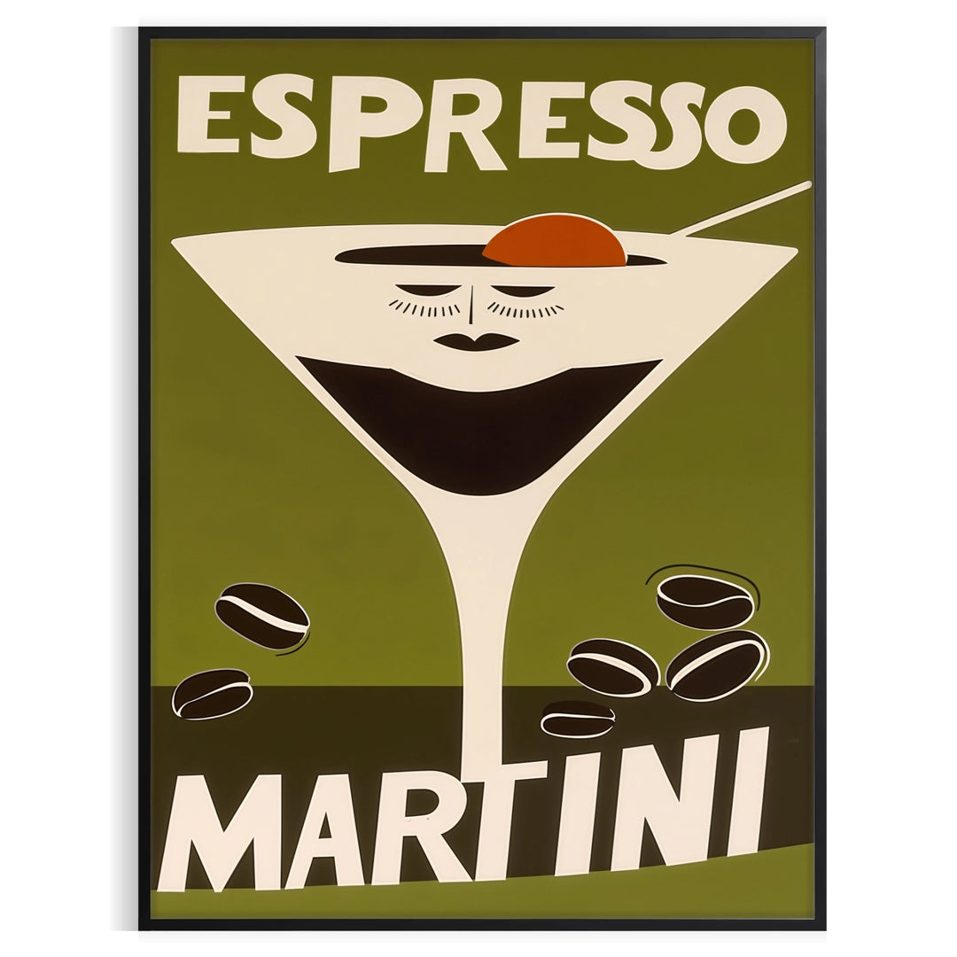Illustration of an Espresso Martini cocktail in bold orange and green colors