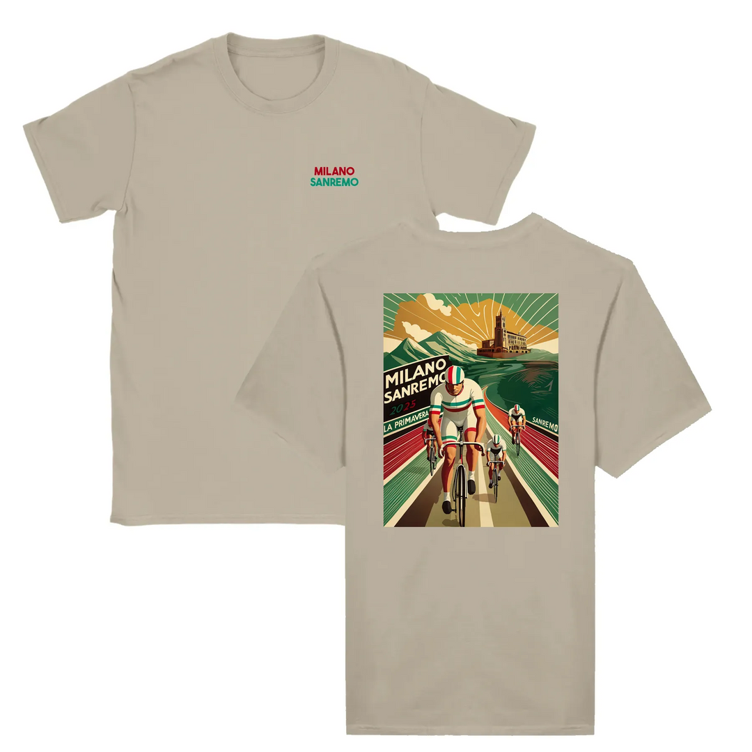 T-shirt featuring a graphic design inspired by the Milano Sanremo cycling race
