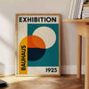 Bauhaus exhibition poster featuring geometric abstract design in blue and green