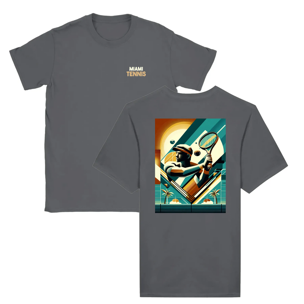 T-shirt featuring a graphic of a tennis player in action against a Miami skyline