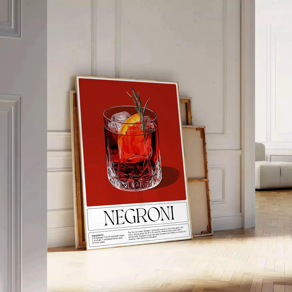 Illustration of a Negroni cocktail with orange and red splashes