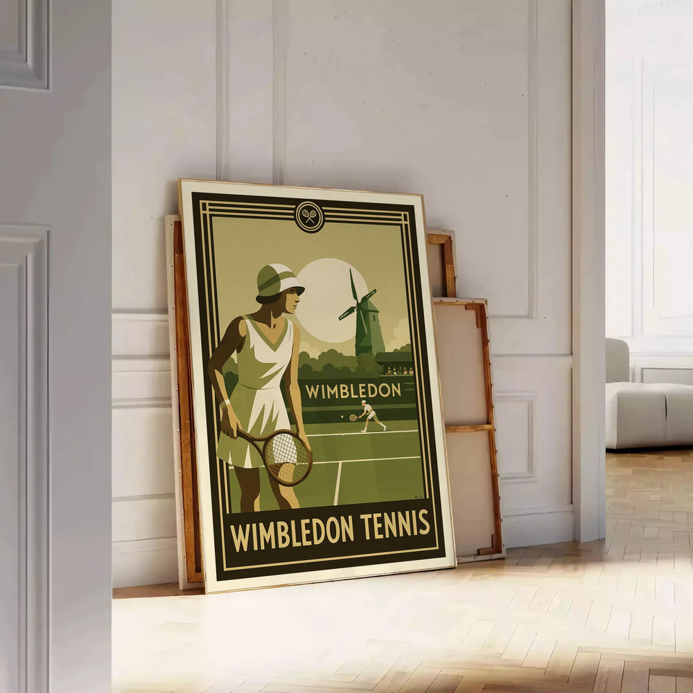 Black and brown Wimbledon poster showing minimalist tennis silhouette art