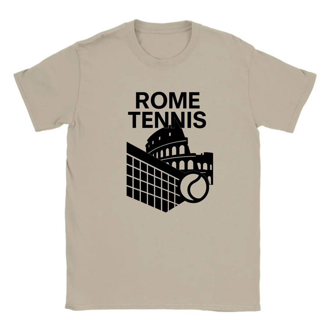 T-shirt featuring a graphic design of tennis elements with Rome landmarks