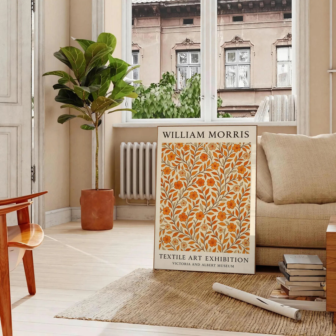 Intricate floral pattern in orange and brown by William Morris