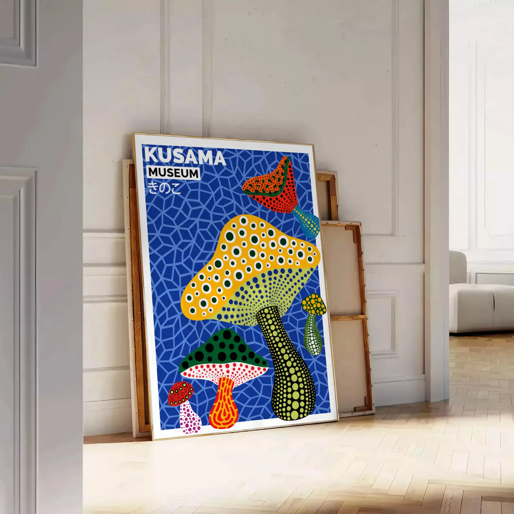 Green and yellow mushroom artwork in Yayoi Kusama style poster