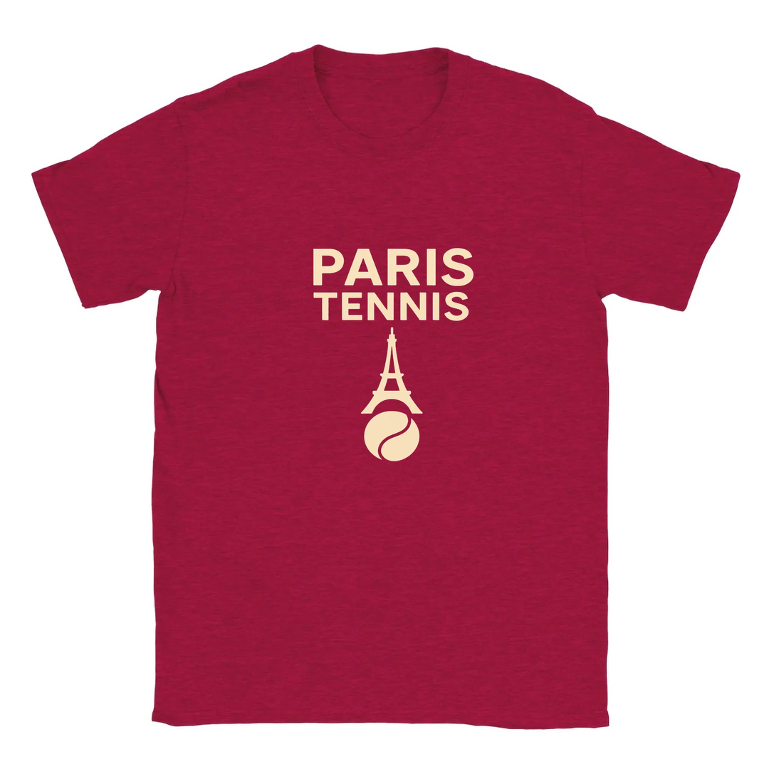 T-shirt featuring a minimalist design of the Eiffel Tower and a tennis racket