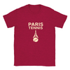 T-shirt featuring a minimalist design of the Eiffel Tower and a tennis racket
